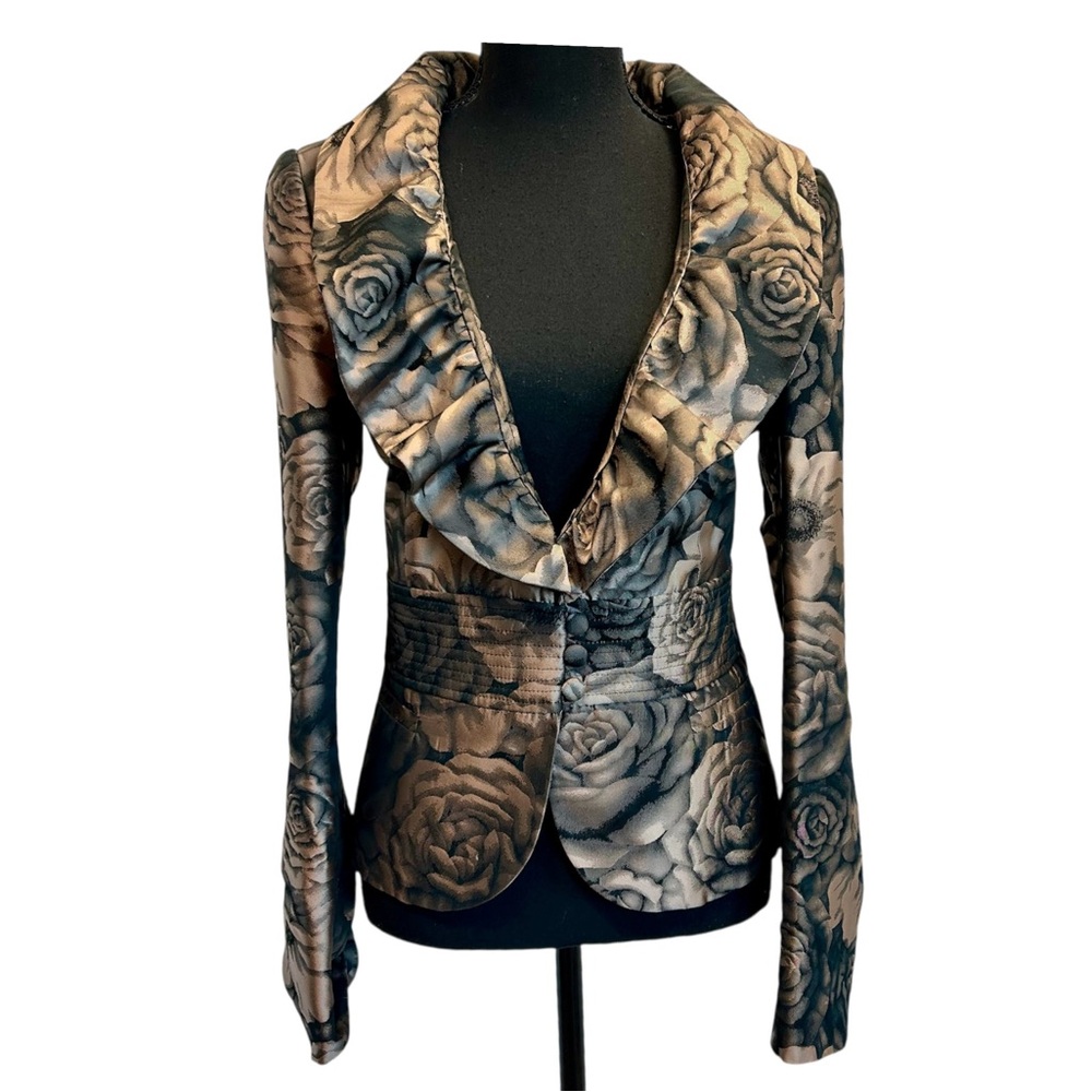 Armani Collezioni floral jacquard blazer jacket rose gold metallic ruffle collar